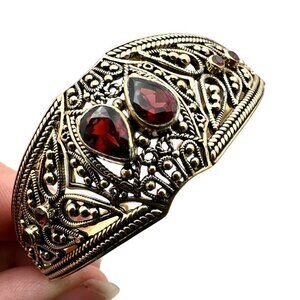 Womens Bracelet Gold over Sterling Silver Garnet Ornate Cuff